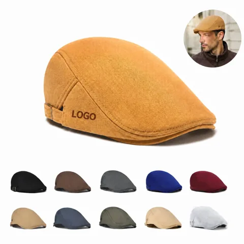 Cotton Newsboy Cap, Adjustable Flat Top Visor Hat