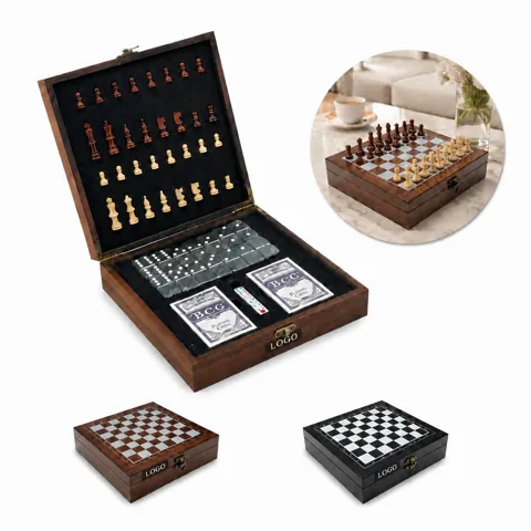 4-in-1 Wooden Game Set - Chess, Dominoes, Cards & Dice,
