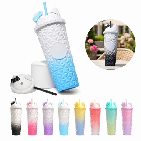 30oz Gradient Cat Ears Double-Wall Straw Cup with Reusable 2