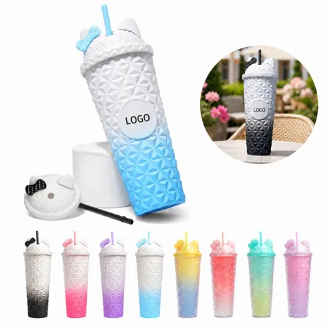 30oz Gradient Cat Ears Double-Wall Straw Cup with Reusable