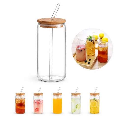 16 oz Glass Cups with Bamboo Lids & Straws for Beverages 2