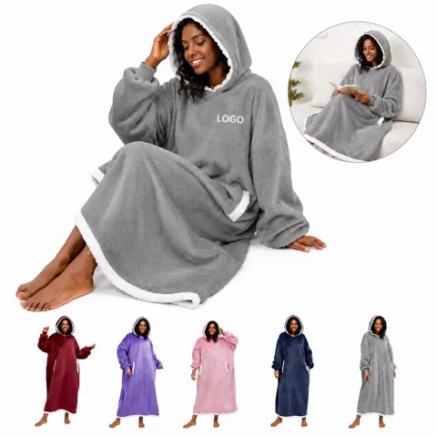 Cozy Flannel Hooded Blanket with Pockets for Lounging &