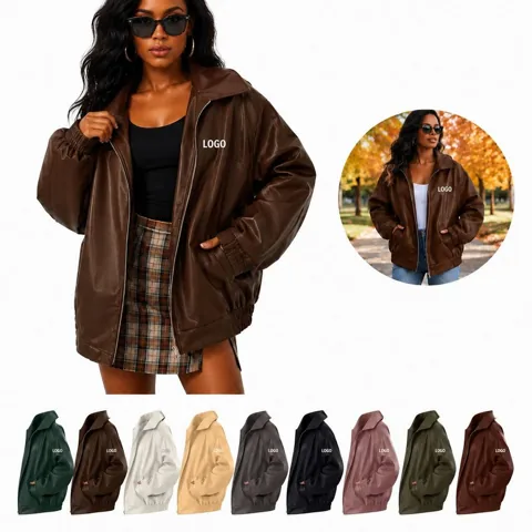 Womens Oversized Faux Leather Jacket with Full Zip, XXL