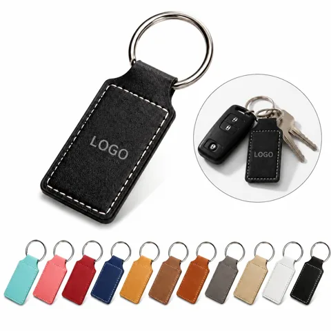 Hand-Sewn Genuine Leather Square Key Chain with Metal Ring