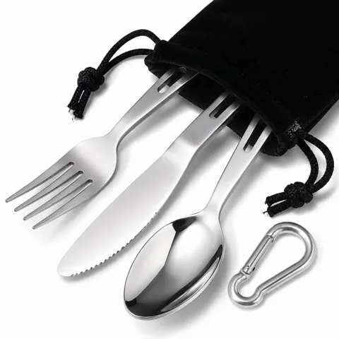 3-Piece Portable Cutlery Set with Carabiner & Pouch 2