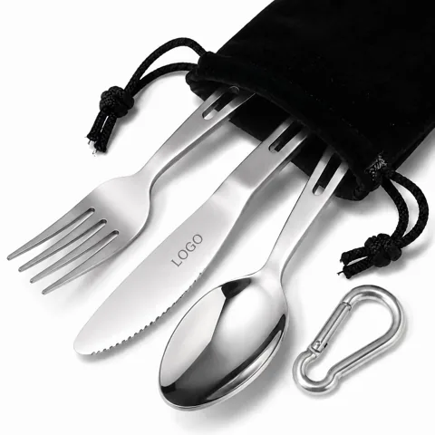 3-Piece Portable Cutlery Set with Carabiner & Pouch