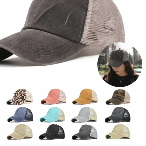 Washed Denim Criss Cross Ponytail Trucker Cap with Snapback 2