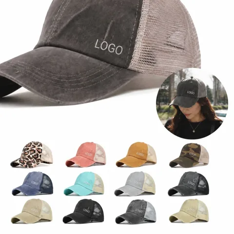 Washed Denim Criss Cross Ponytail Trucker Cap with Snapback