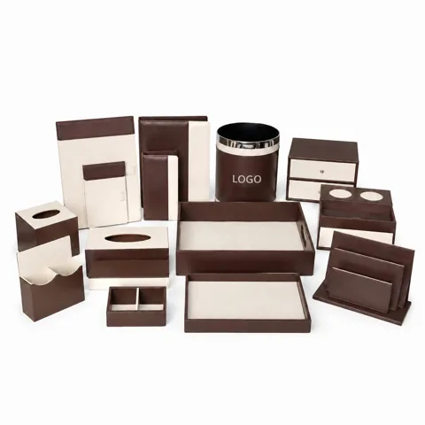 Custom Wood & PU Leather Hotel Desk Organizer Set with Added Functionality