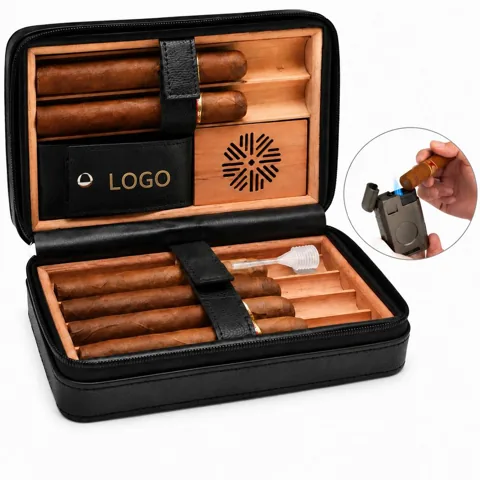 Genuine Leather & Cedar Humidor with Built-in Lighter