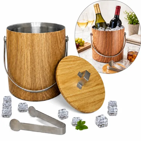 Double Wall Wooden Ice Bucket with Stainless Steel Tongs 2