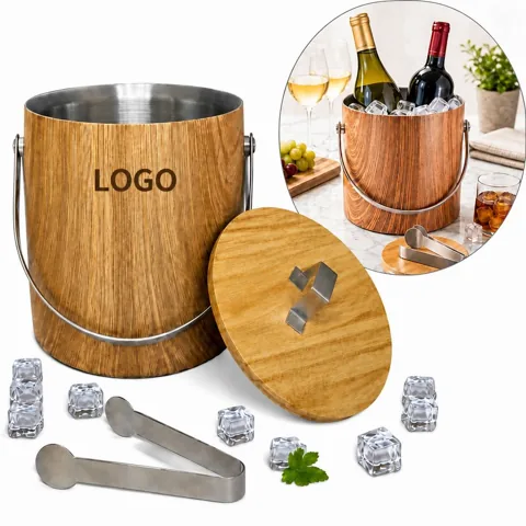 Double Wall Wooden Ice Bucket with Stainless Steel Tongs