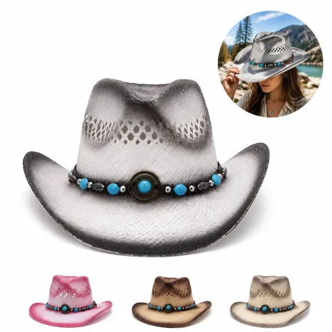 Women's Ombre Woven Straw Cowgirl Hat with Wide Brim 2