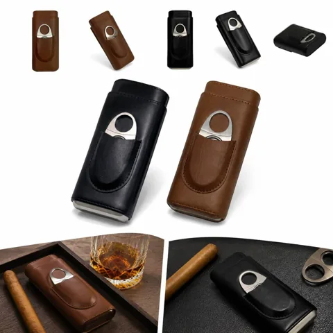 PU Leather 3-Finger Cigar Case with Built-in Cutter 2
