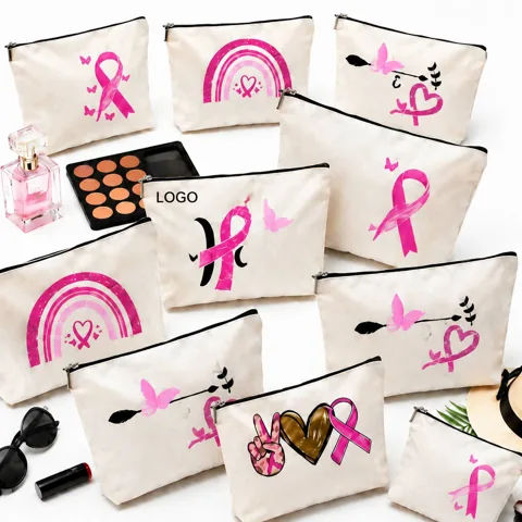 Pink Ribbon Waterproof Linen Cosmetic Bag for Breast Cancer