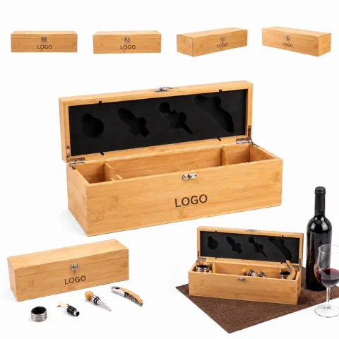 Bamboo Wine Storage Box with Corkscrew Tool Set 1