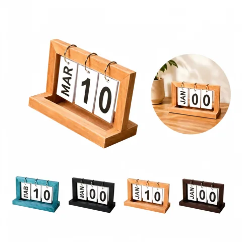Wooden Perpetual Calendar for Desk, Compact Office Decor 2