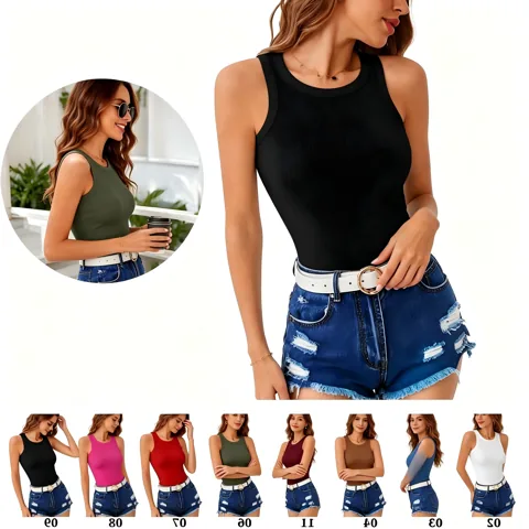 Women's Sleeveless Slim Fit Scoop Neck Ribbed Vest 2