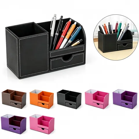 Multi-Compartment PU Leather Organizer Box for Desk and 2