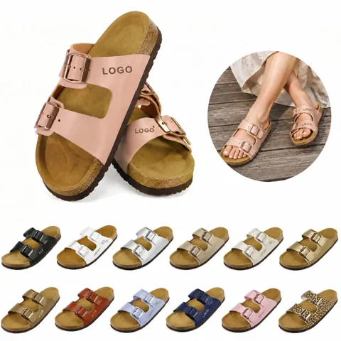 Cork Footbed Leather Sandals with Adjustable Buckle