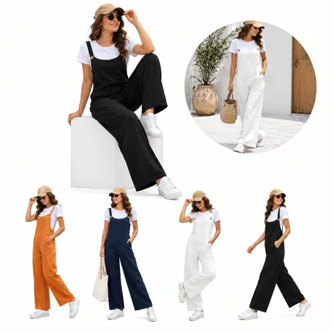 Women's Loose Linen Bib Overalls with Pockets 2