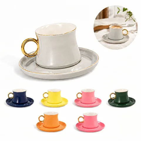 Ceramic Coffee Cup and Saucer Set with Large Handle 2