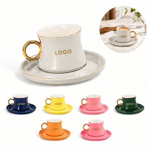 Ceramic Coffee Cup and Saucer Set with Large Handle