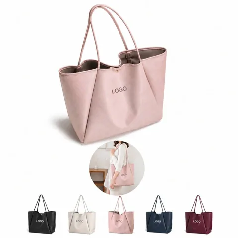 Large PU Tote Bag with Zipper and Pockets for Daily Use